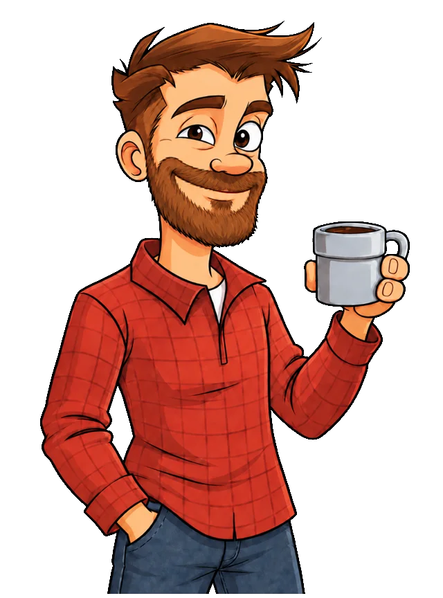 Cartoon Nerd Dad with swept brown hair, a full beard, red plaid shirt, and gray coffee mug.