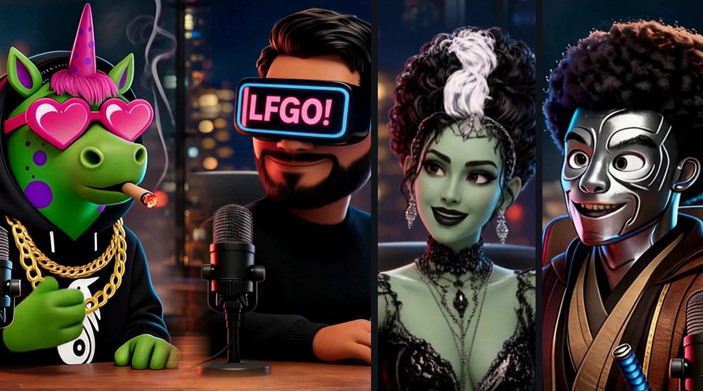 Approved Space Drops characters around microphones in a finished film